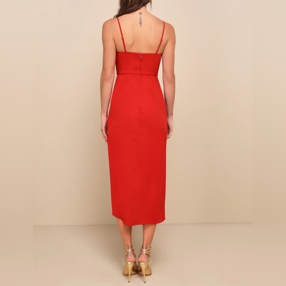 Lulus Women's Reinette Rust Red Faux Wrap Pleated Overlap Sleveless Midi Dress - Picture 4 of 16